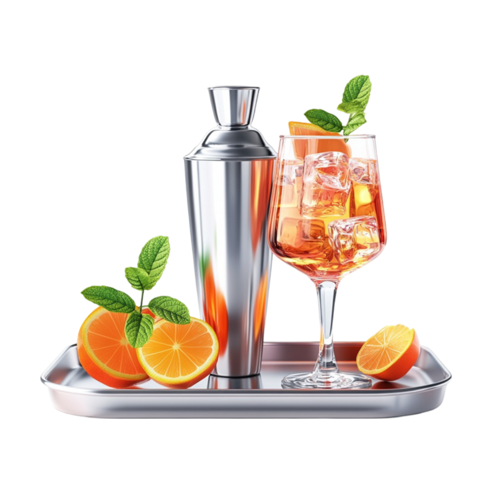 Cocktail Shaker and Glass with Orange Slices on a Tray png