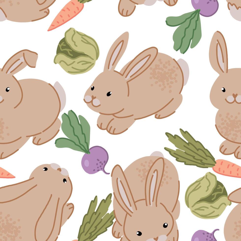 Cute rabbits with vegetables seamless pattern. Ornament of bunnies pretty animals. Contemporary illustration. vector