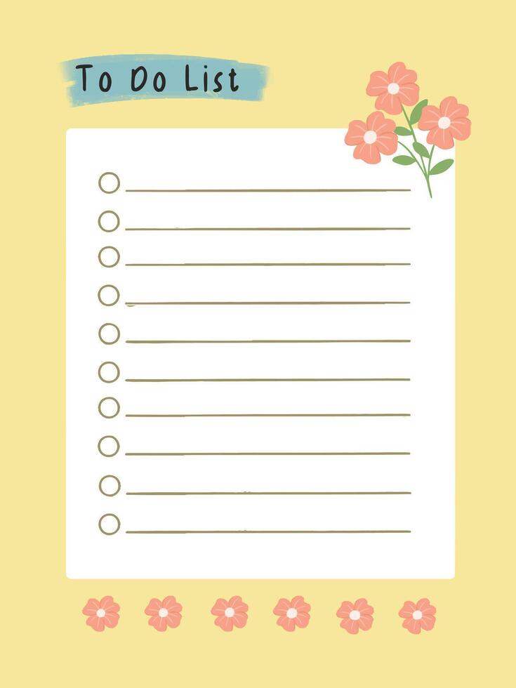 cute yellow to do list template with flowers for bullet journal, digital planner, and print vector