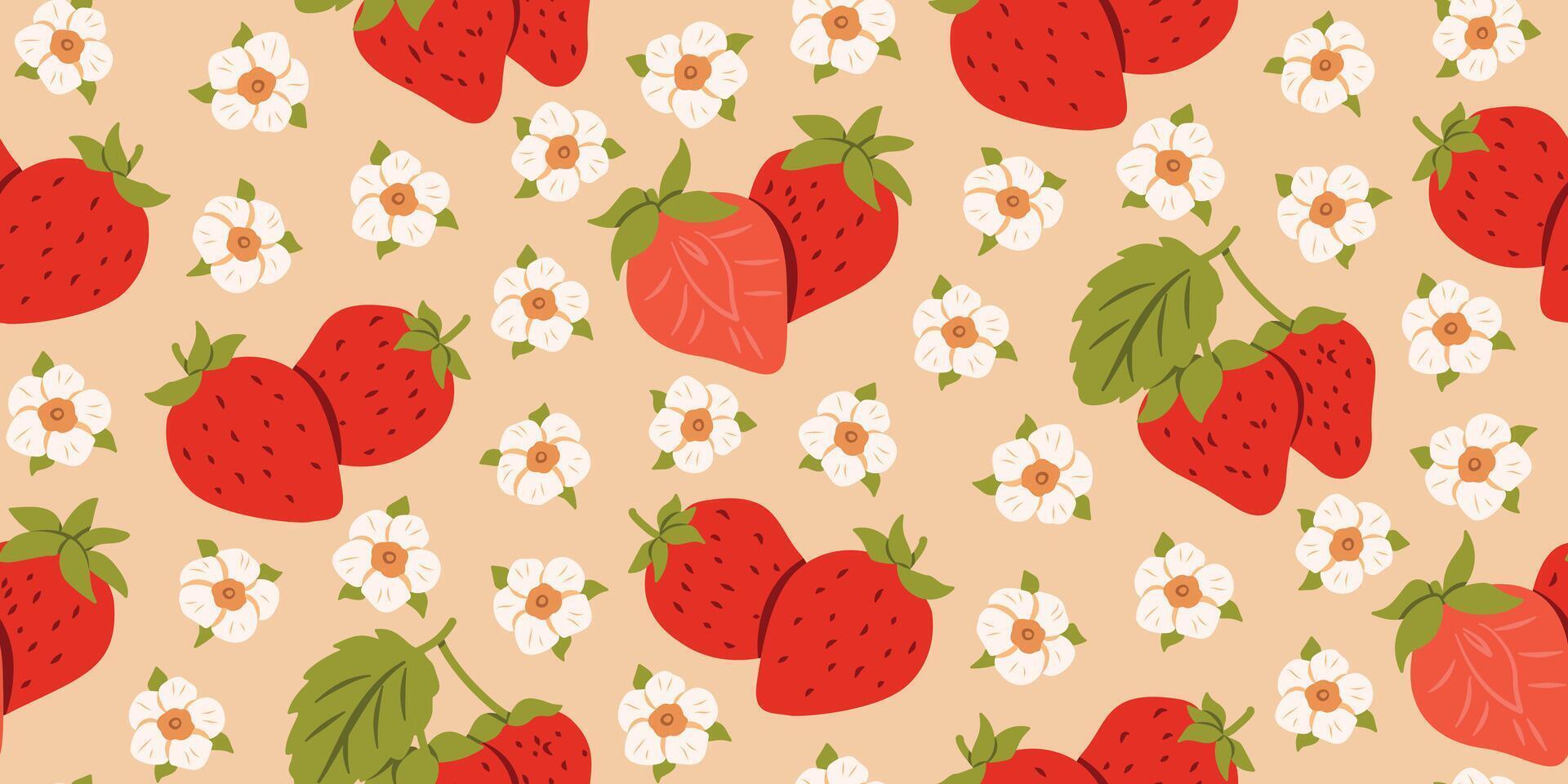 Strawberry Branch with and Leaves Repeat Pattern vector