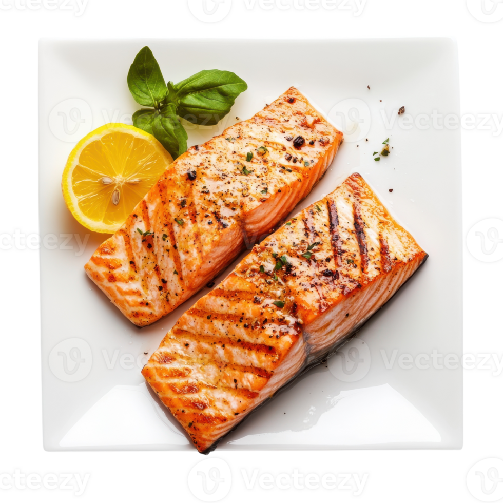 Salmon Lemon Plate on transparent background. png