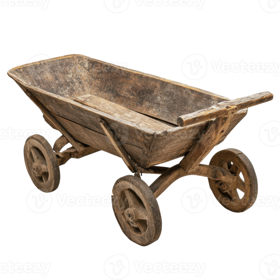 Rustic Wooden Wheelbarrow on transparent background. png