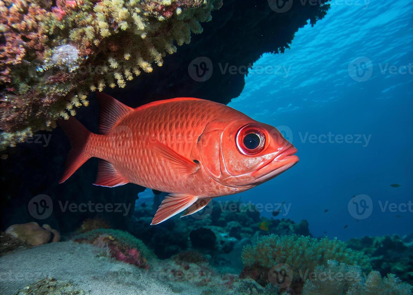 A bright red squirrelfish with big, reflective eyes swimming under a coral ledge photo