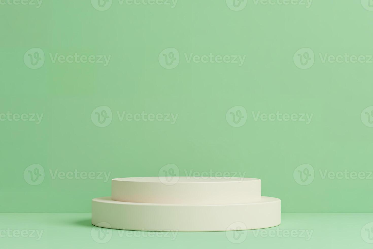 a two-tiered white podium against a solid green background. The podium is a simple, minimalist design with clean lines and no decorations photo