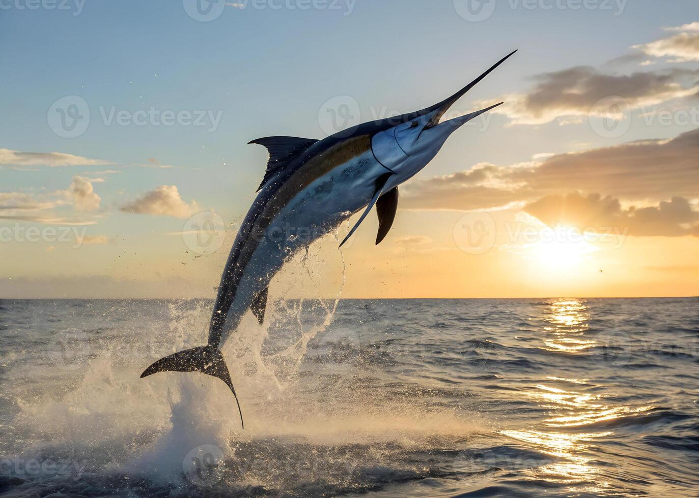 A sleek blue marlin with a long, pointed bill leaping from the ocean against a sunlit horizon photo