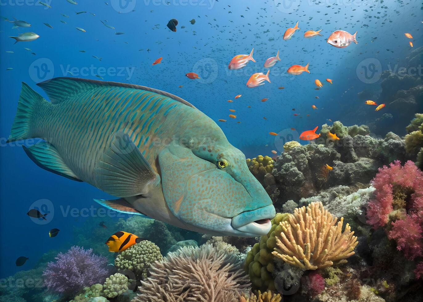 A massive humphead wrasse with a green and blue mosaic-like pattern swimming lazily over a vibrant coral reef photo