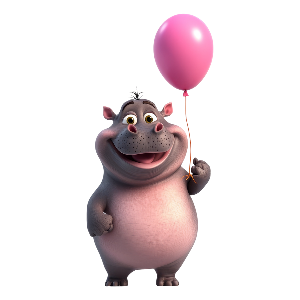 Happy hippo with balloon cartoon fun playful scene png