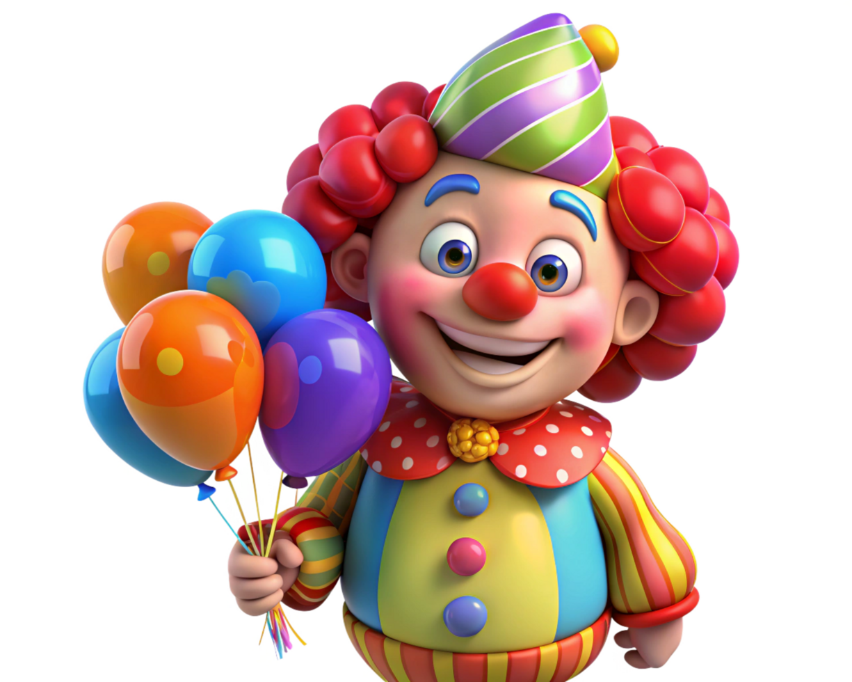 Playful clown showcasing balloons in vibrant colors png