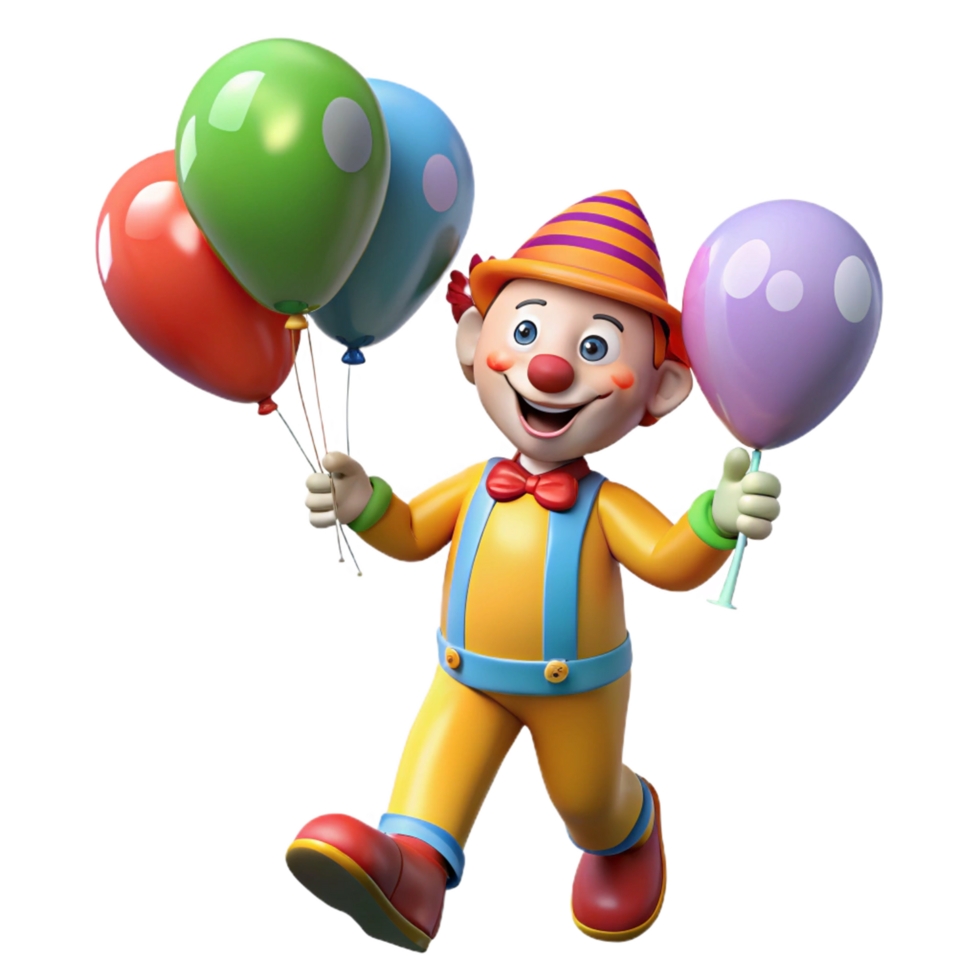 Happy clown enjoying a bundle of bright balloons png