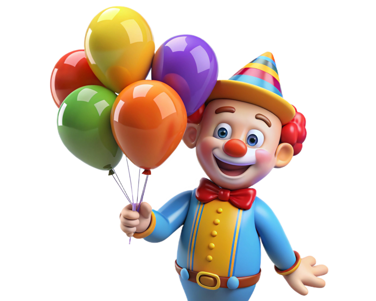 Smiling clown holding vibrant balloons in hand png