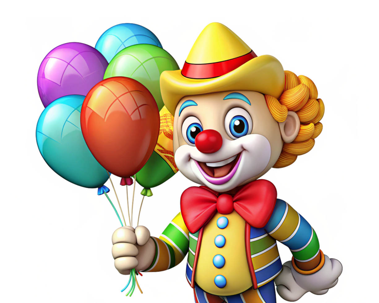 Jolly clown displaying colorful balloons at a party png