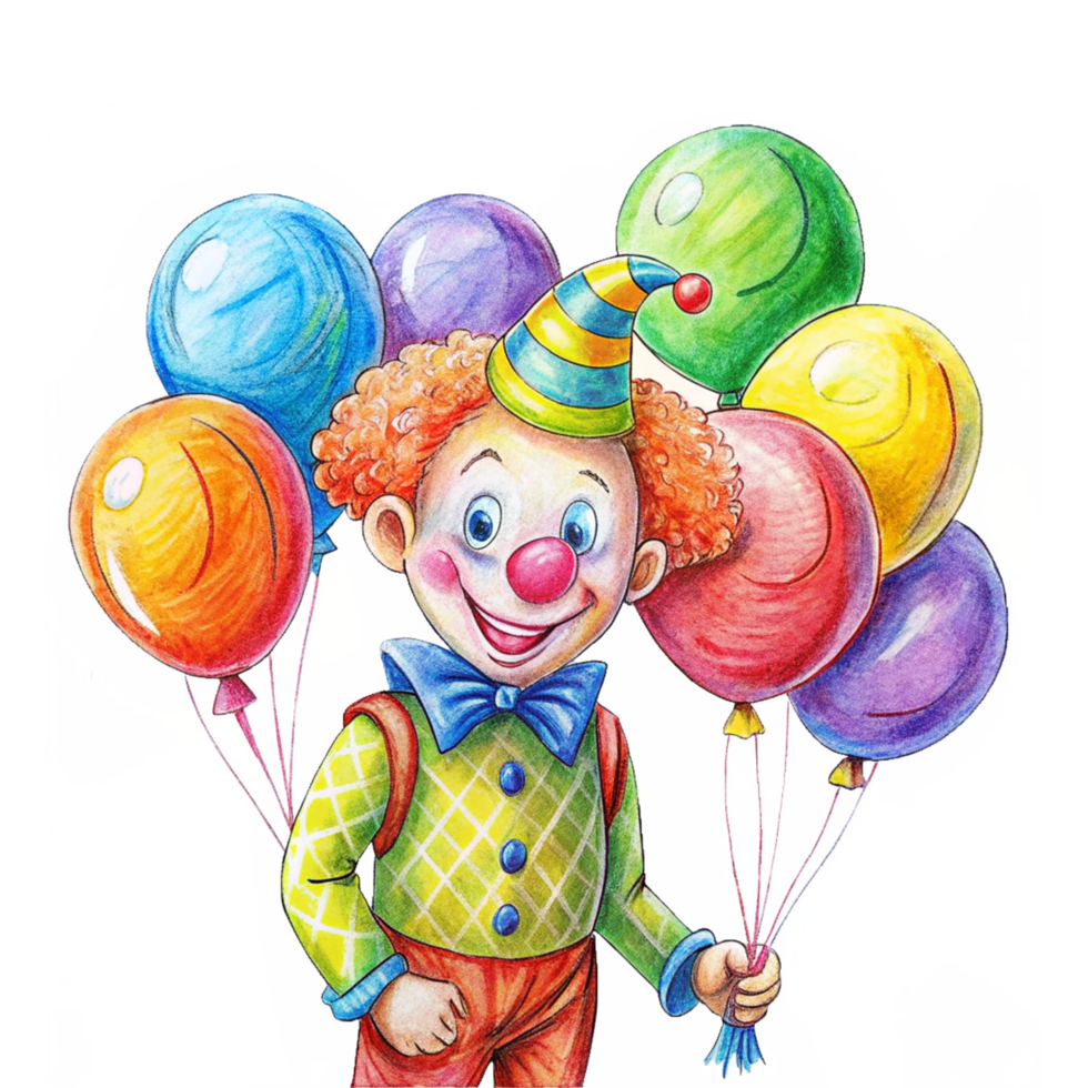 Smiling clown with balloons in a celebratory pose png