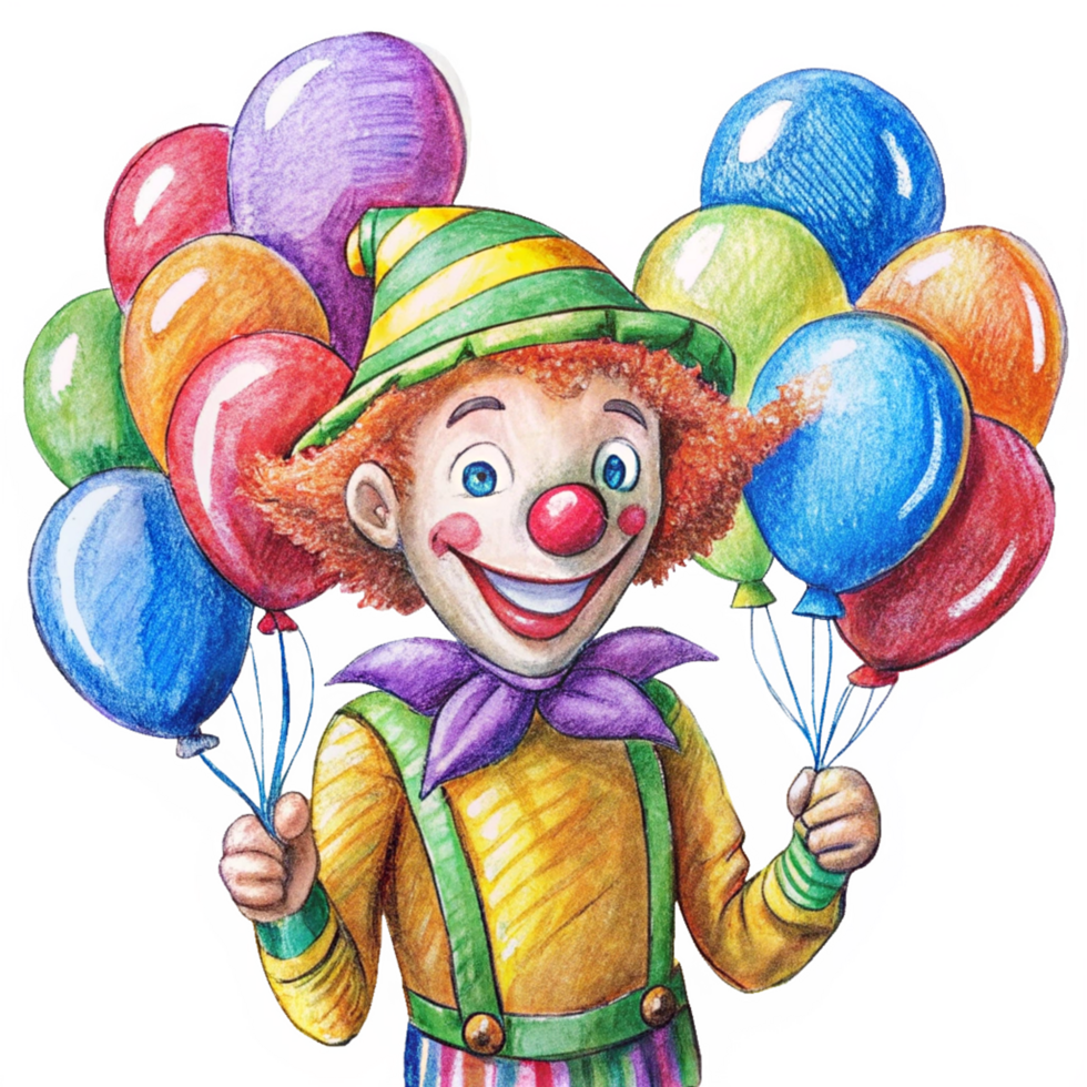 Joyful clown surrounded by colorful balloons png