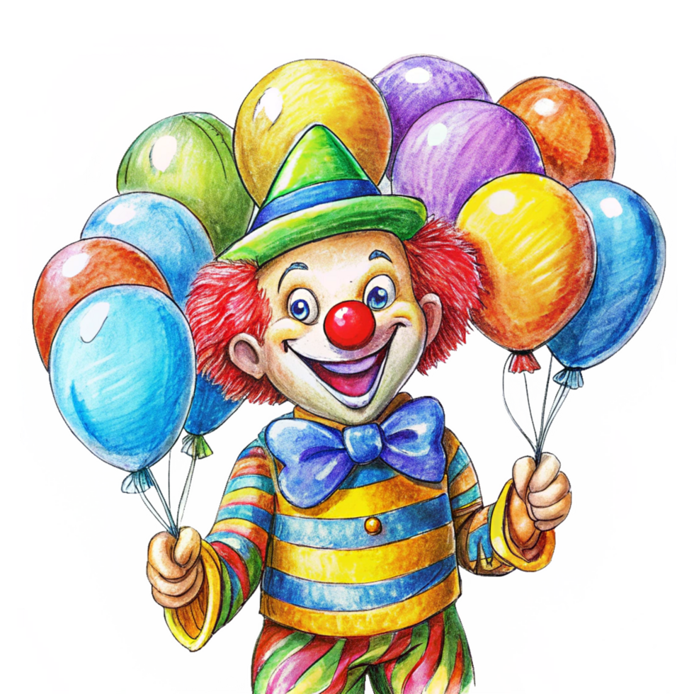 Playful clown displaying colorful balloons png