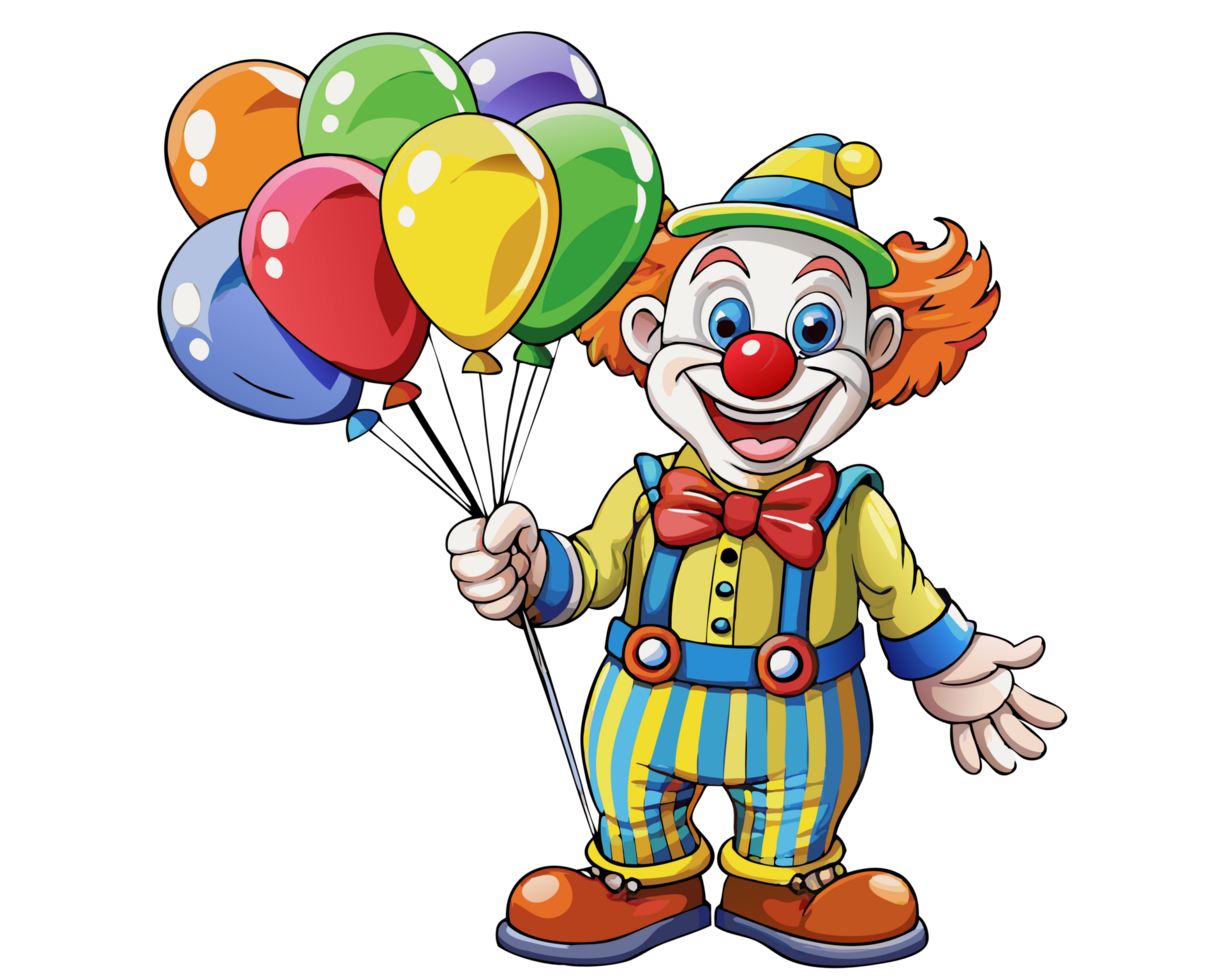 Entertaining clown with a bunch of happy balloons png