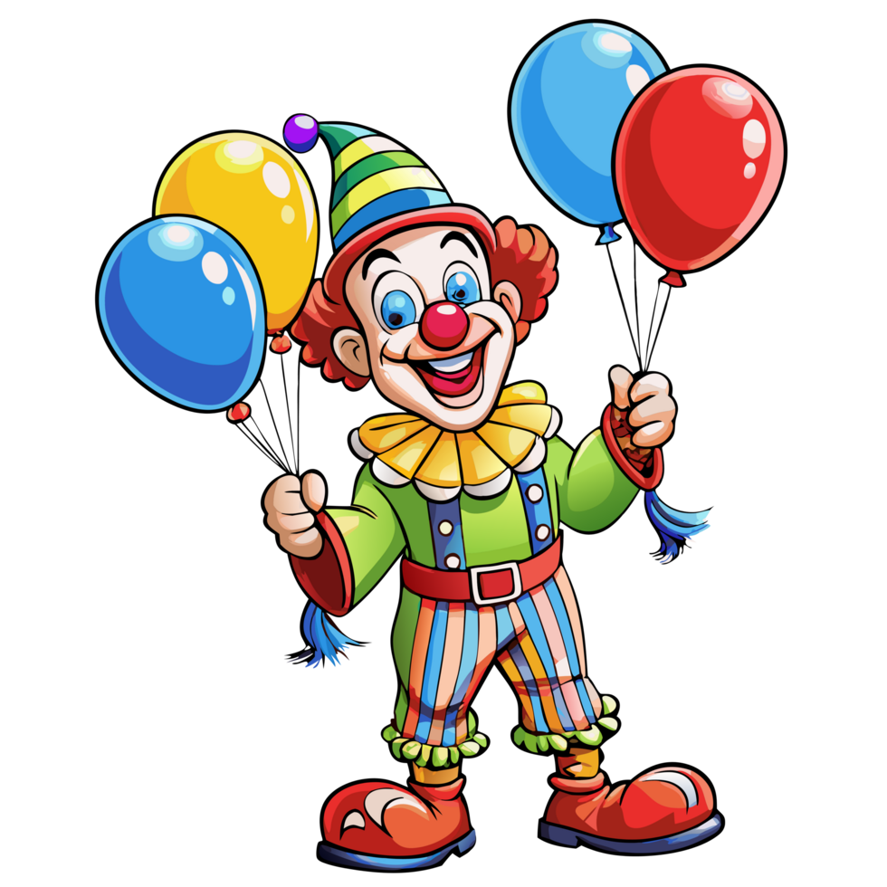 Happy clown holding multicolored balloons in the air png