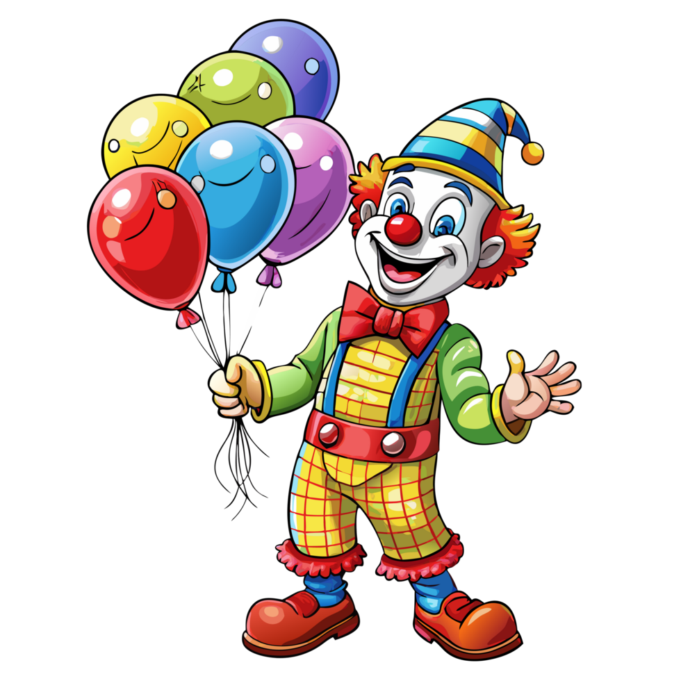 Cheerful clown with a bunch of colorful balloons png
