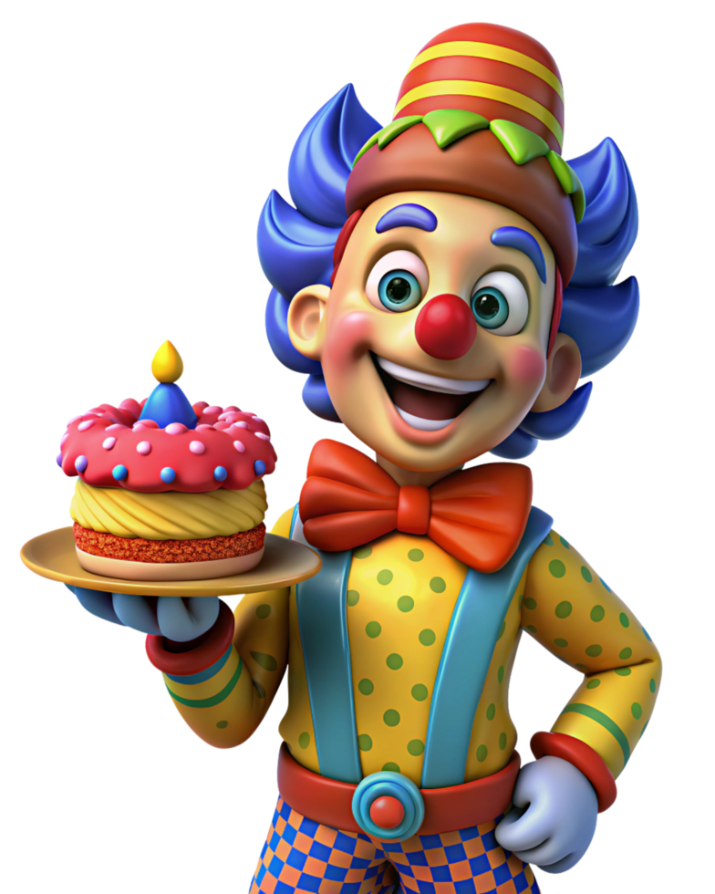 Birthday cheer with a clown holding a delicious cake png