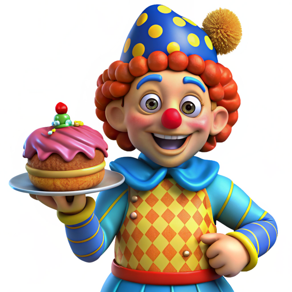 Cheerful clown with a birthday cake for the guests png