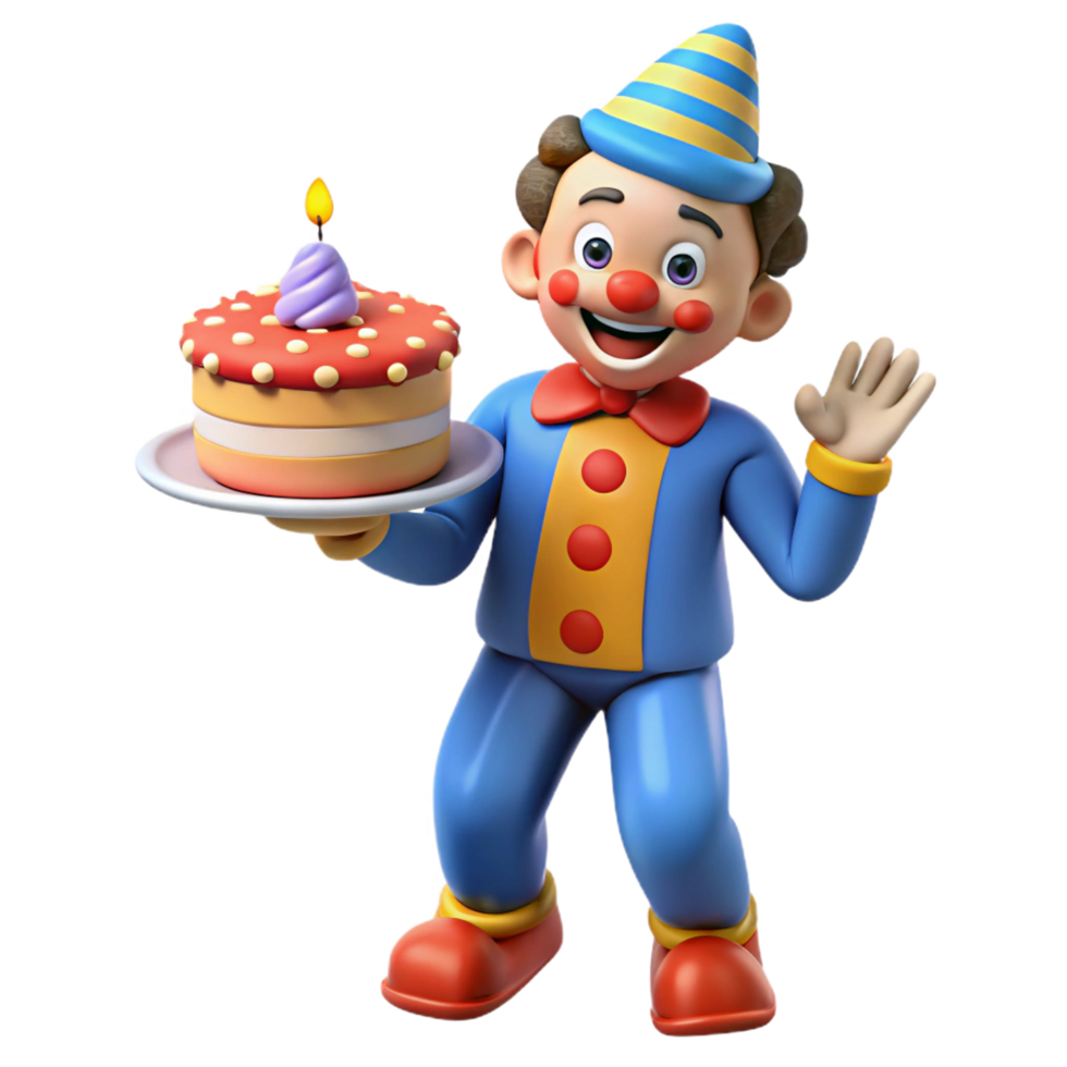 Smiling clown carrying a birthday cake for a surprise png