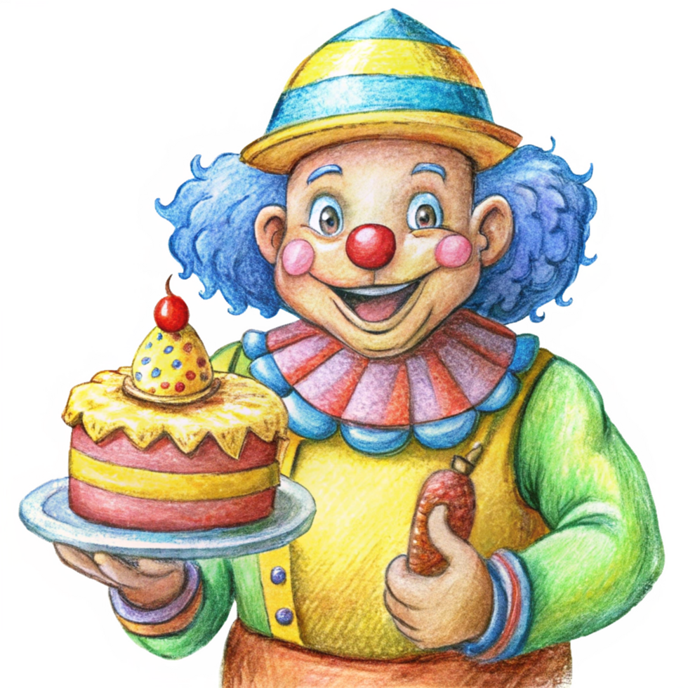 Cheerful clown presenting a cake at a party png