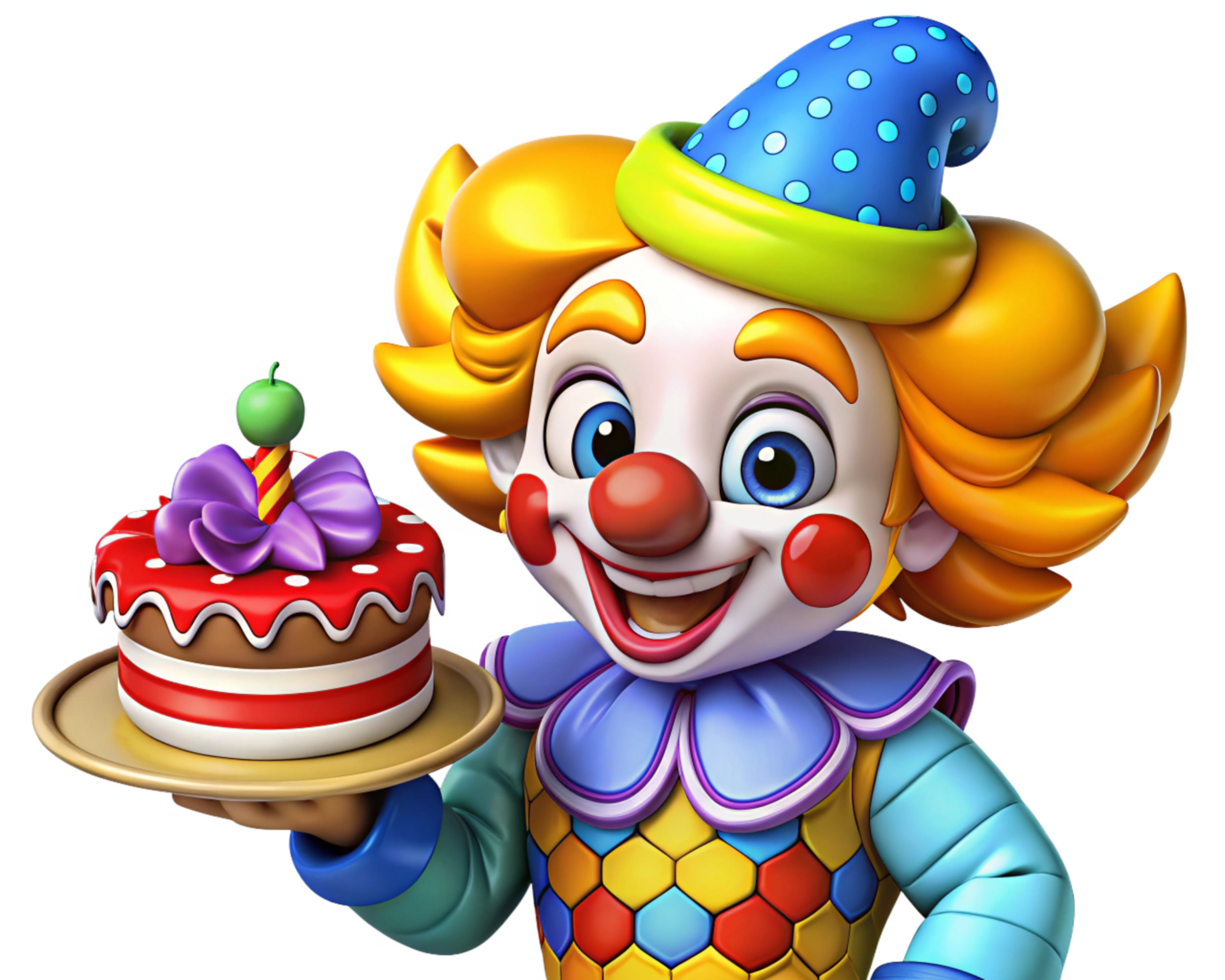 Clown carrying a vibrant birthday cake for the party png
