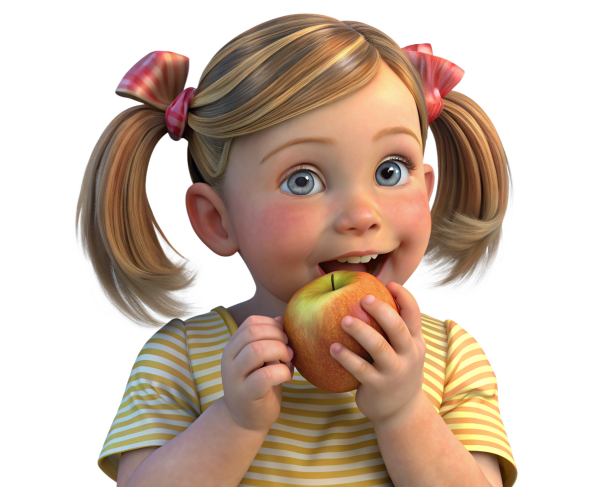 Happy girl munching on a healthy apple png