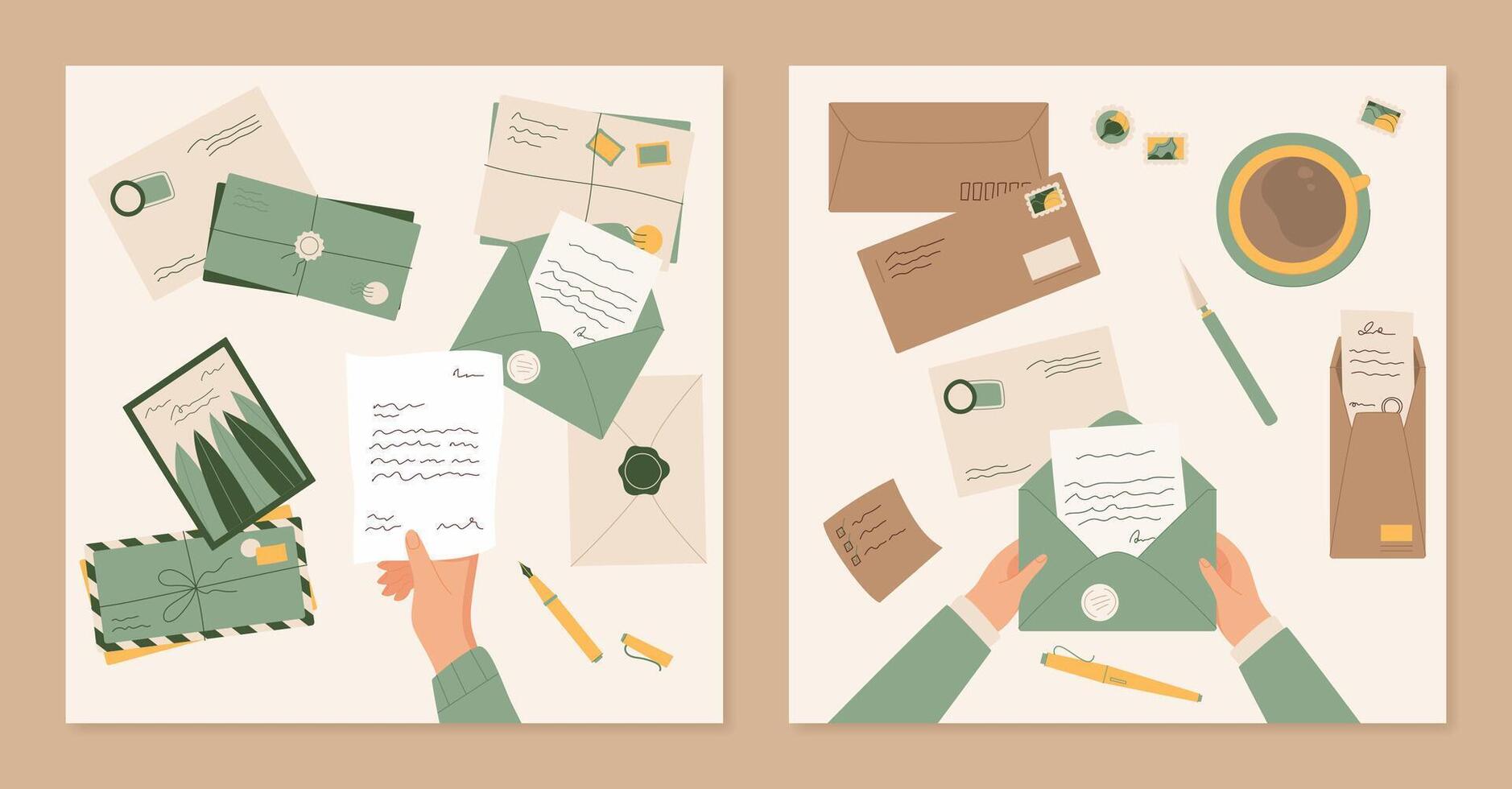 Character send mail social media design, flat hands read handwritten letter, cartoon woman send craft invitation letter with paper note background, creative greeting post card illustration. vector
