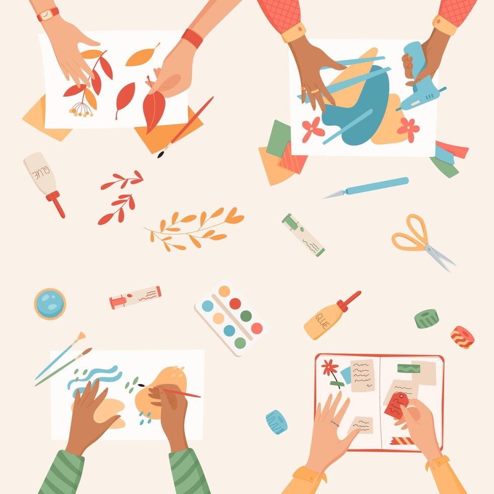 Flat handmade craftwork art class background, creative handcraft top view illustration, hands create handicraft hobby activity collection, colorful children craft work social media banner concept. vector