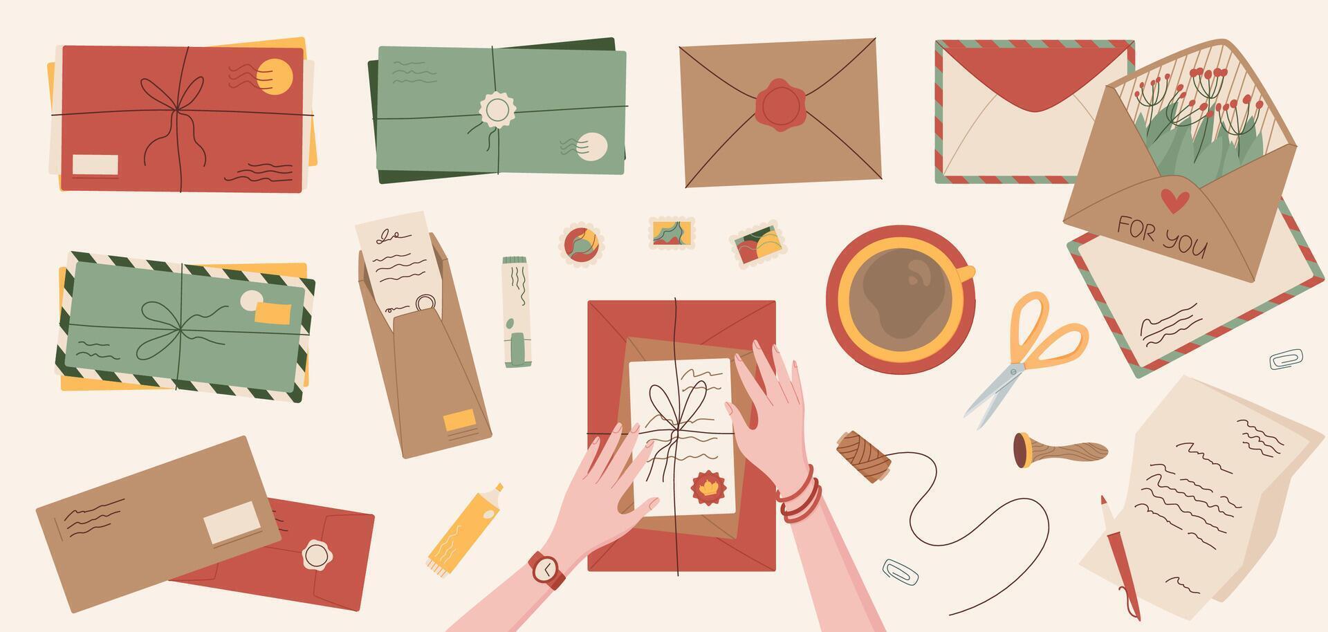 Handmade craft package with letter and postcard template, cartoon hands send handwritten mail illustration, flat character receive paper envelope with wax seal and note background design. vector