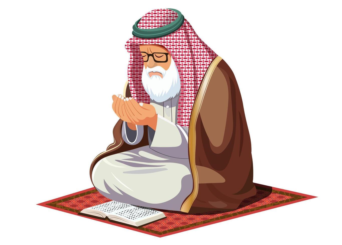 An elderly Muslim man, wearing a traditional keffiyeh secured with an agal, sits peacefully as he recites verses from the Quran during his prayers to Allah in the holy month of Ramadan. vector