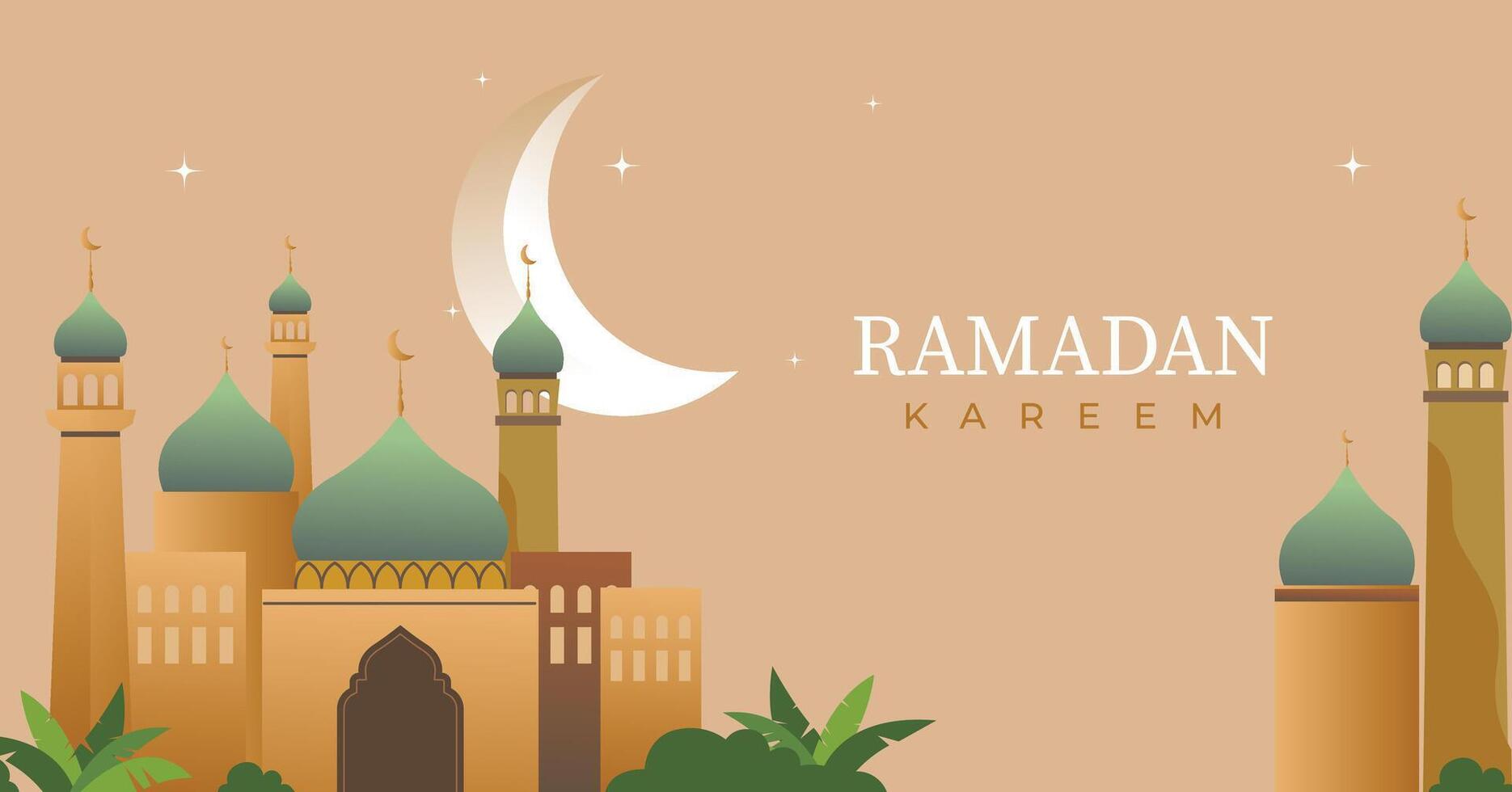 Ramadan kareem greeting card, poster, banner background, mosque with moon and stars vector