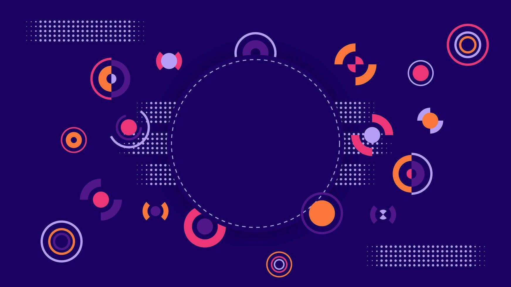 Abstract geometric background with colorful circles, arcs, and dotted patterns on a deep violet backdrop. Modern, vibrant, and dynamic design, ideal for technology, digital art, and creative projects vector