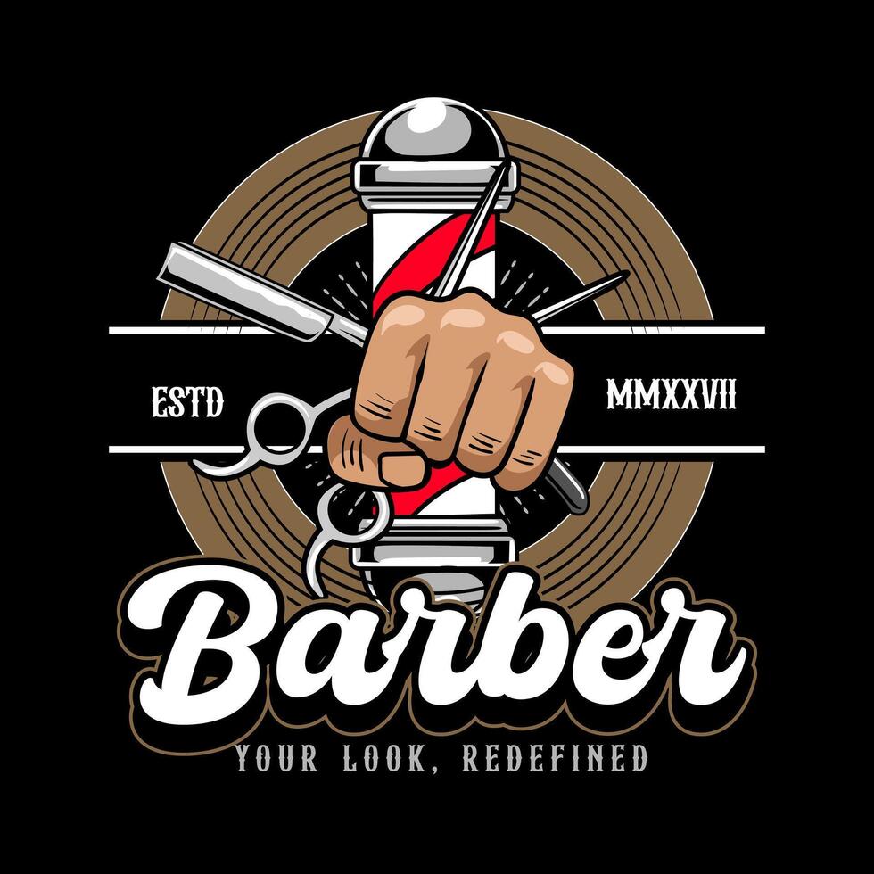 Retro Barbershop Hand holding a razor blade and scissor elements Logotype Badge Illustration vector