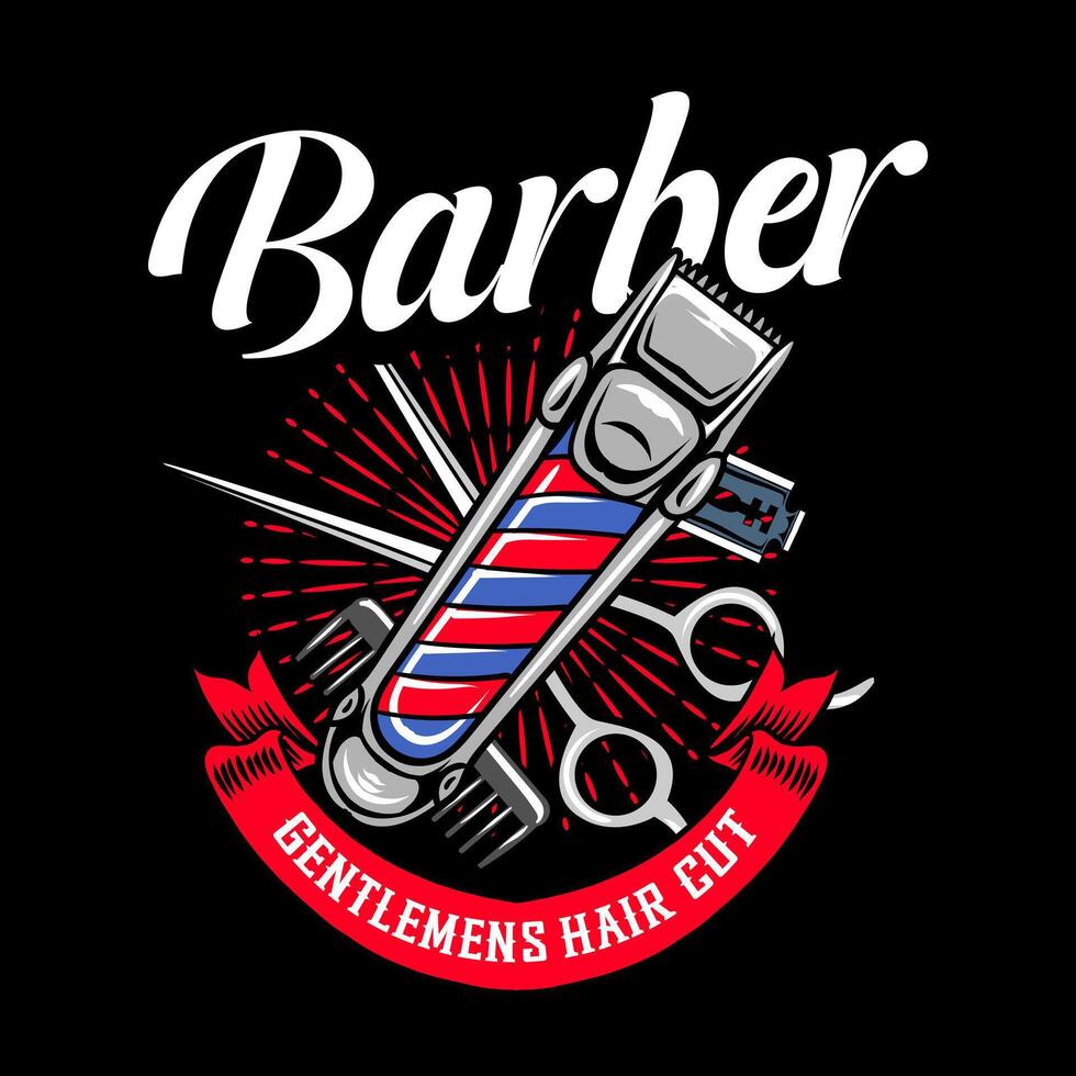 Retro Barbershop with Scissor, razor blade, comb, electric Clipper, and Barber's Pole elements Logotype Badge Illustration vector