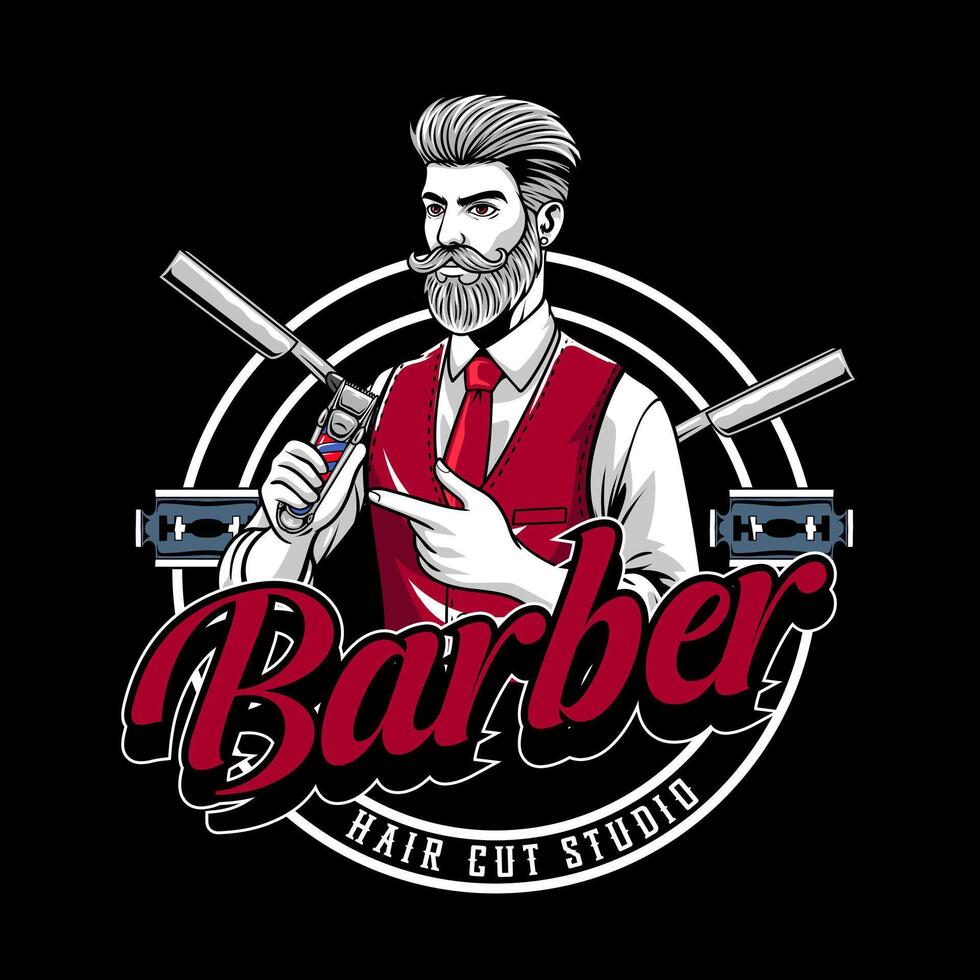 Retro Barbershop Beard Masculine Man holding Electric Trimmer Logotype Badge Illustration vector