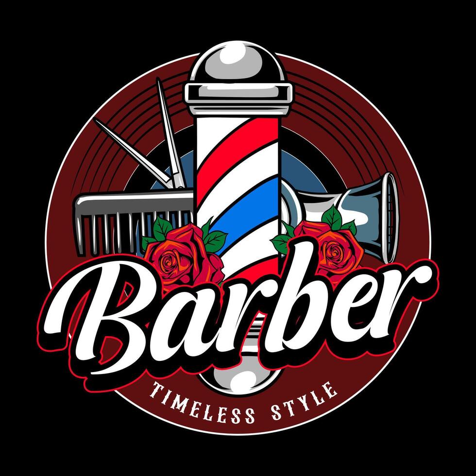 Barbershop Hair Salon with a scissor, comb, electric clipper, and barber's pole elements Logotype Badge Illustration vector