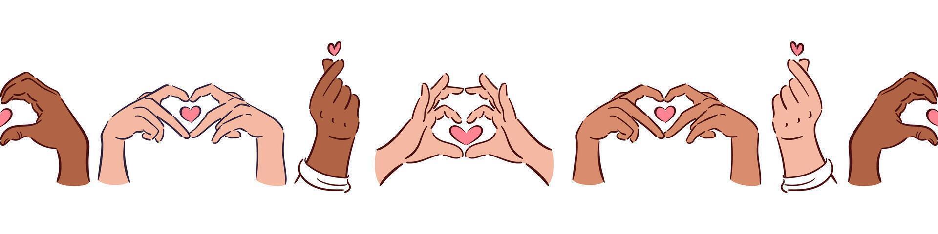 Seamless Horizontal border for Valentines Day hand gestures. Finger Heart. gesture depicting love. illustration in sketch style. For posters, cards, website, banners, design. vector