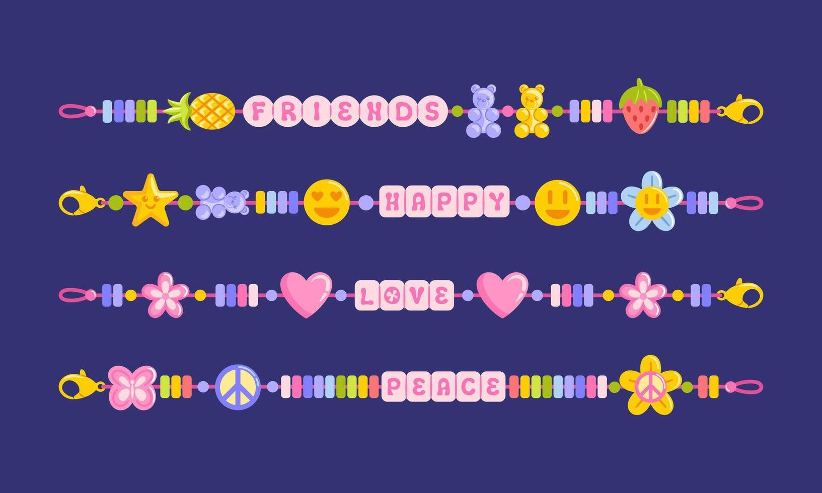 A colorful set of DIY jewelry including friendship bracelets. Letter beads. The design showcases hippie vibes, emoji motifs, gummy bears, and Y2K aesthetics. vector