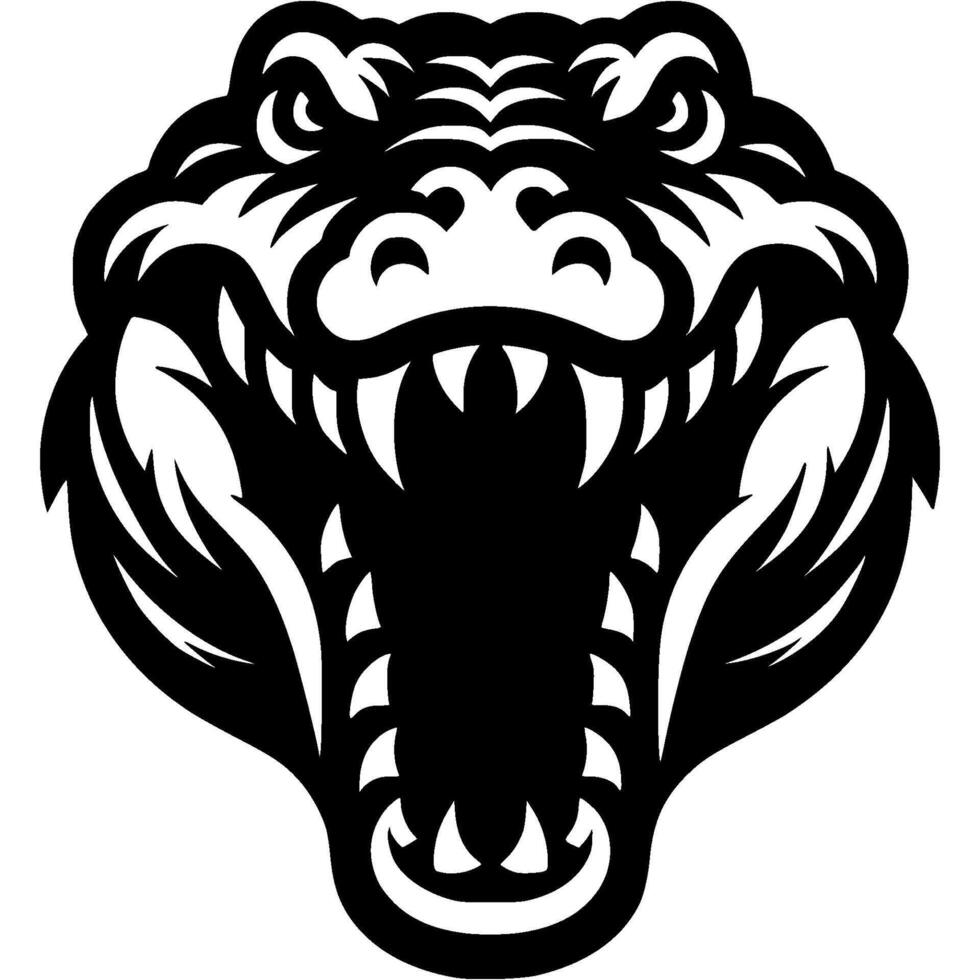 Tattoo of angry roaring crocodile front view head in monochrome. Wild alligator in madness. Engraving minimalistic image in black ink drawing on white background vector