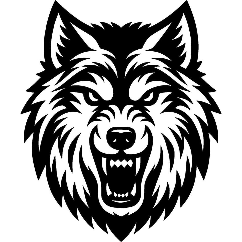 Tattoo of angry growling werewolf head in monochrome. Wild wolf in madness. Engraving minimalistic image in black ink drawing on white background vector