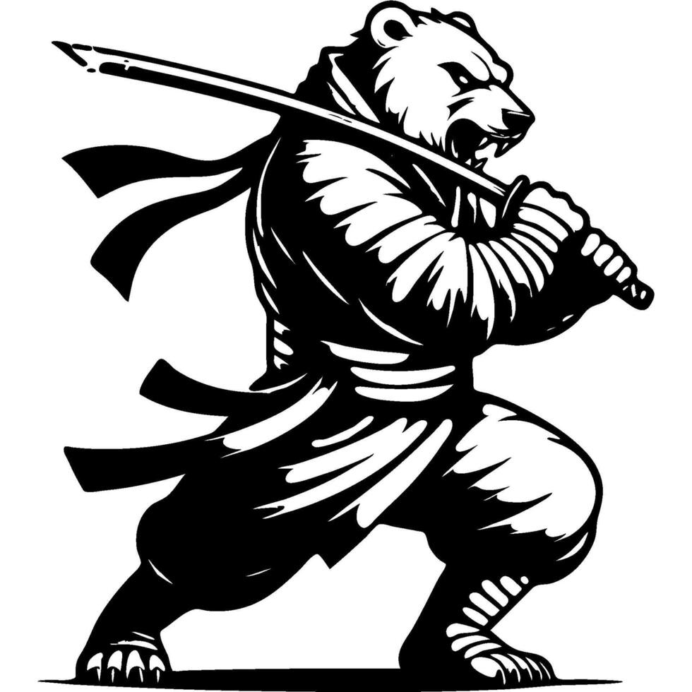 White bear ninja master in katana sword attacking position in monochrome. Polar bear fighter of secret clan animal roars. Tattoo minimalistic image in black ink drawing on white background vector