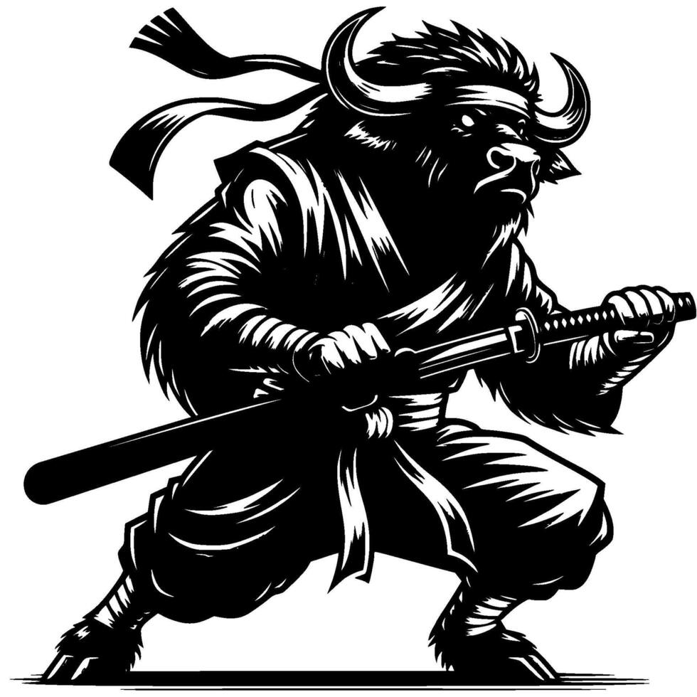 Ninja master buffalo in katana sword attacking position in monochrome. Bull fighter of secret clan animal roars. Tattoo minimalistic image in black ink drawing on white background vector