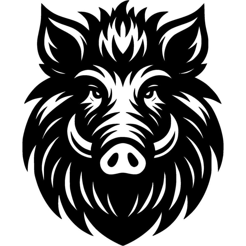 Tattoo of angry wild boar head in monochrome. Wild wild boar front view. Engraving minimalistic image in black ink drawing on white background vector