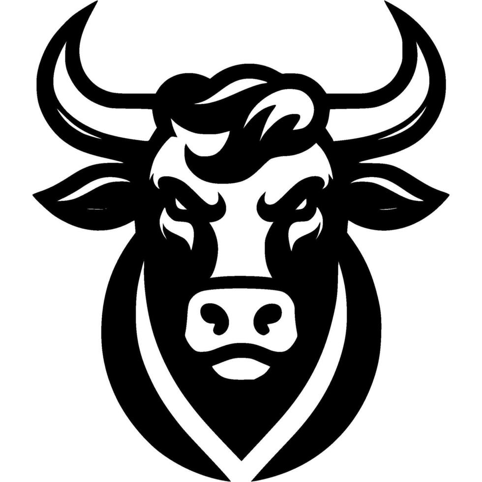 Tattoo of angry young determined bull front view head in monochrome. Wild bull front view. Engraving minimalistic image in black ink drawing on white background vector