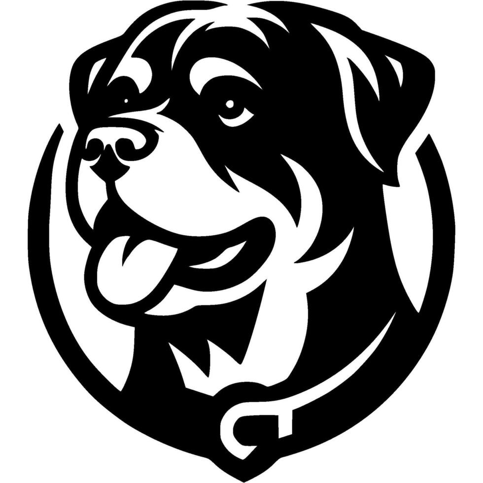 Tattoo of serious Rottweiler dog head in monochrome. Rottweiler dog border defender portrait side view. Engraving minimalistic image in black ink drawing on white background vector
