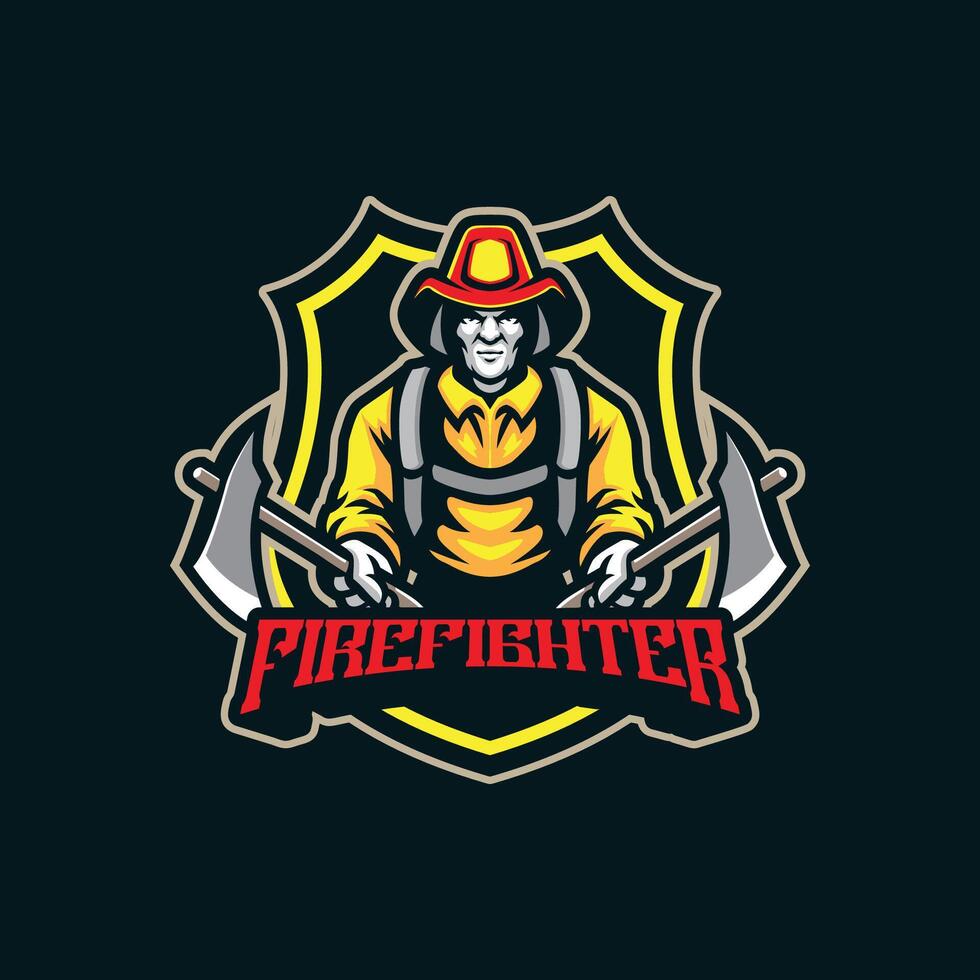 Firefighter mascot logo design with modern illustration concept style for badge, emblem and t shirt printing. Firefighter illustration with ax in hand. vector