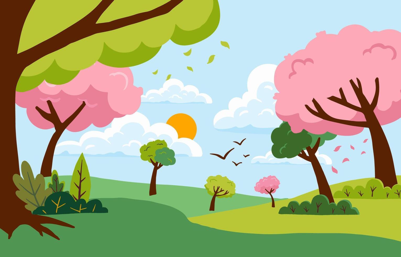 Spring landscape background with mountain and pink tree vector