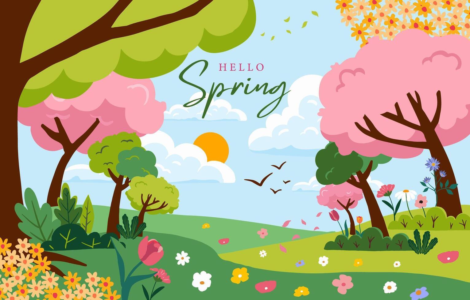 Spring landscape background with meadow and tree vector