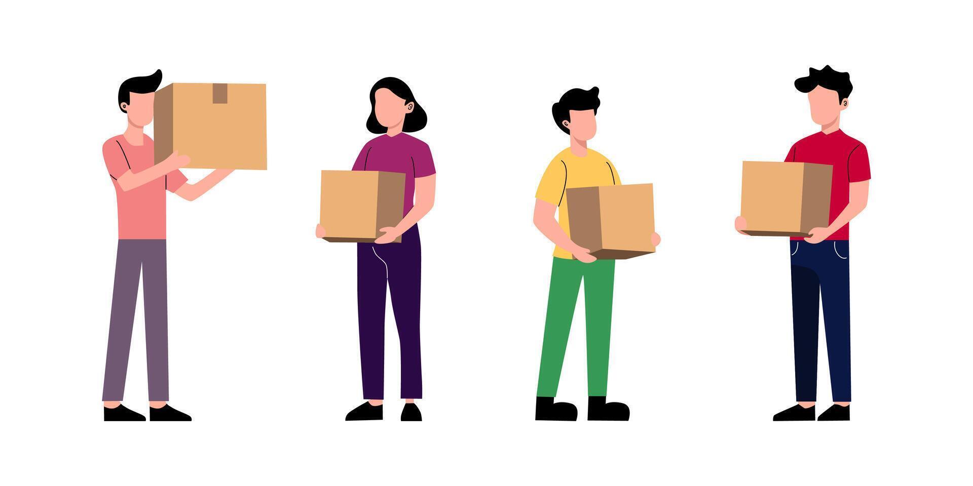 Diverse Team Carrying Cardboard Boxes for Moving or Shipping vector